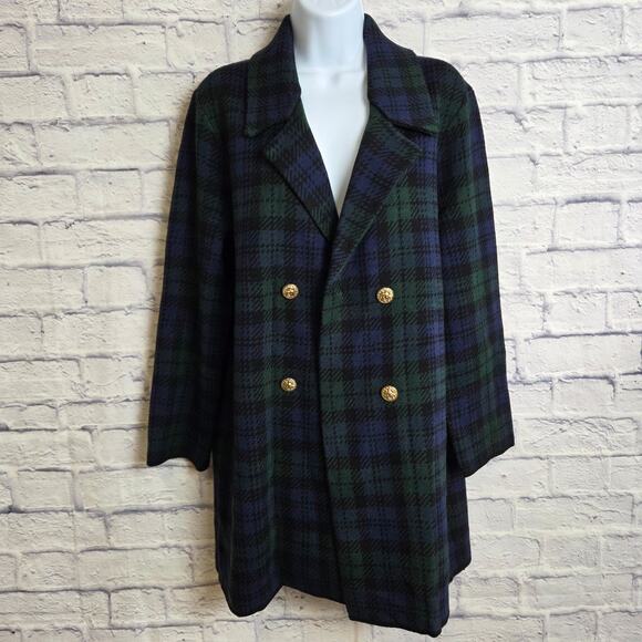 NWT Anne Klein Womens Large Plaid Open Front Cardigan Sweater Navy Green - Picture 2 of 12